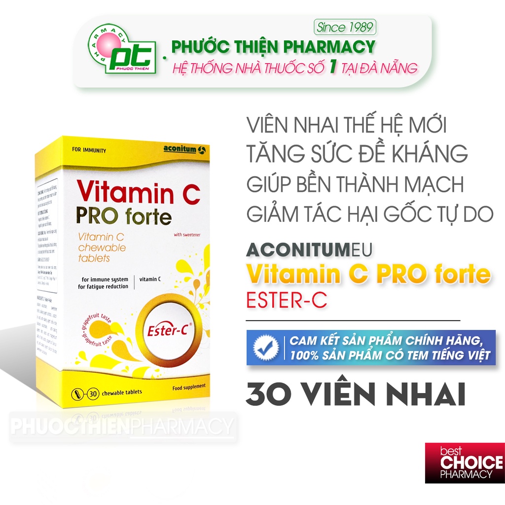 Viên nhai Vitamin C tăng sức đề kháng Vitamin C Pro forte hộp 30 viên - ester C không ảnh hưởng dạ dày