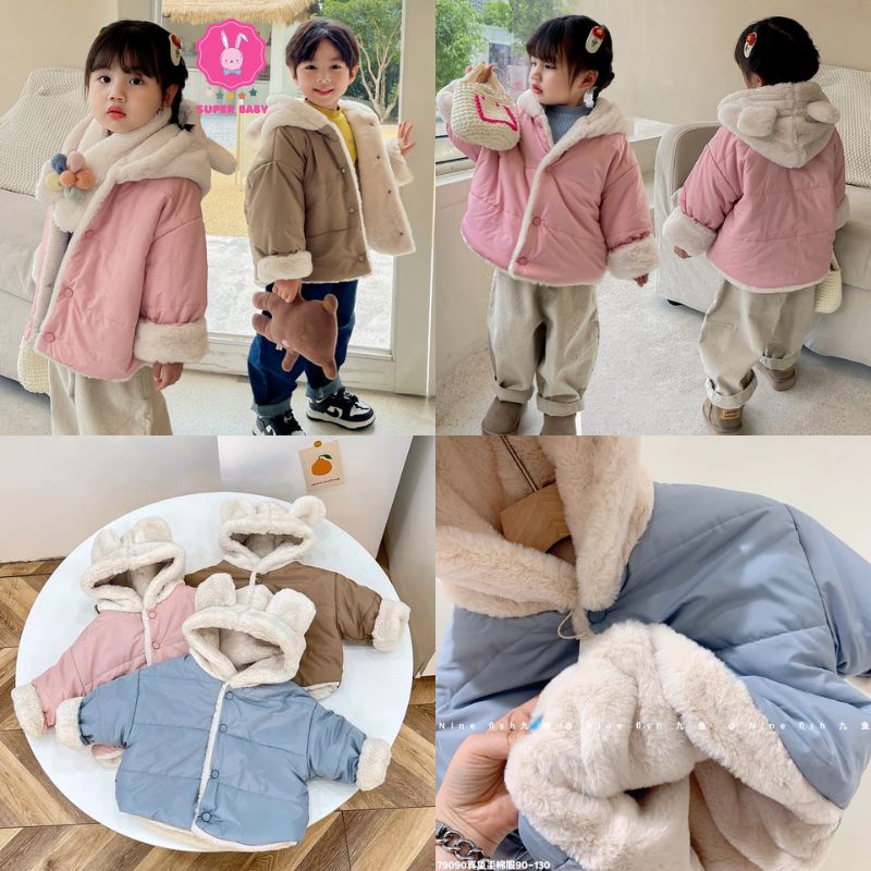Áo phao lót lông, áo khoác cho bé gái bé trai phong cách Hàn Quốc mặc mùa đông siêu ấm size từ 9kg đến 21kg