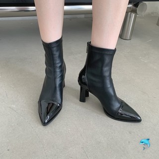 giày bốt nữ mũi nhọn vá gót 7cm boots da mềm fullbox