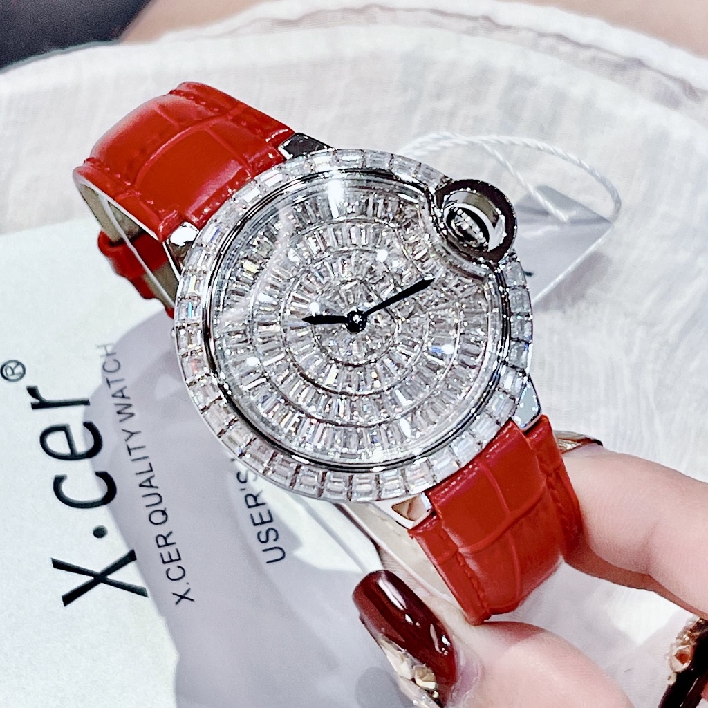 Đồng Hồ Nữ X-cer B0630 Dây Da Đỏ Silver 36mm