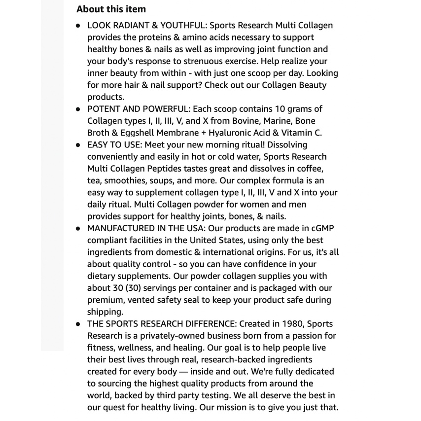 HŨ 302g BỘT ĐA COLLAGEN  SPORTS RESEARCH SR Multi Collagen Protein Powder, Vitamin C, Non-GMO