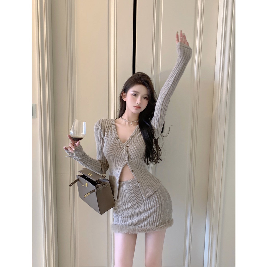 ZHELIHANGFEI Bộ Áo Cardigan Dài Tay Cổ Chữ V + Chân Váy Ngắn Lưng Cao Thời Trang Nữ Tính