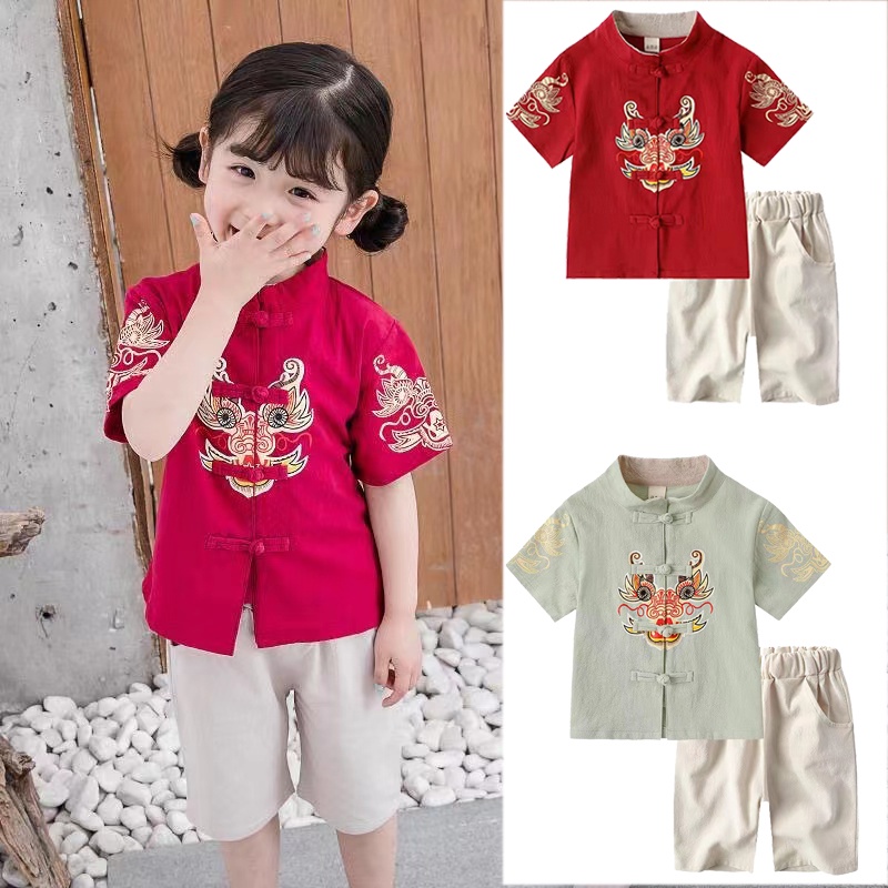 Bộ Đồ Ngắn Tay Thoáng Khí Họa Tiết Rồng Phong Cách Trung Hoa Cổ Điển Dành Cho Bé