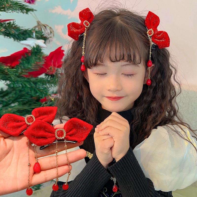 Kẹp Tóc Nơ Đỏ Hồng Phong Cách Công Chúa Dễ Thương Mừng Năm Mới Cho Bé Gái