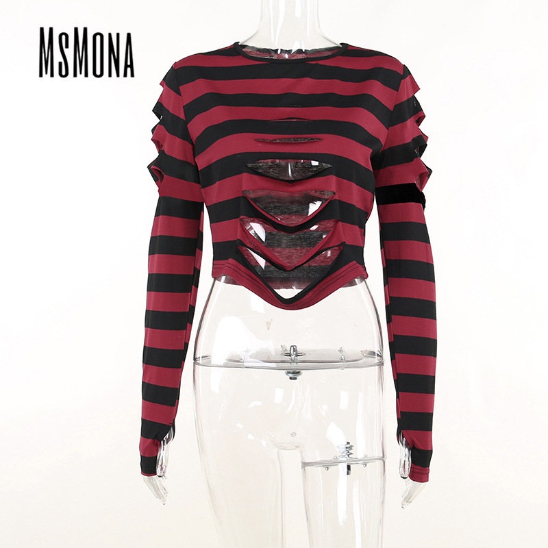MsMona Áo Thun Tay Dài Cổ Tròn Phối Màu Tương Phản Họa Tiết Kẻ Sọc Thời Trang 2022 Y2k