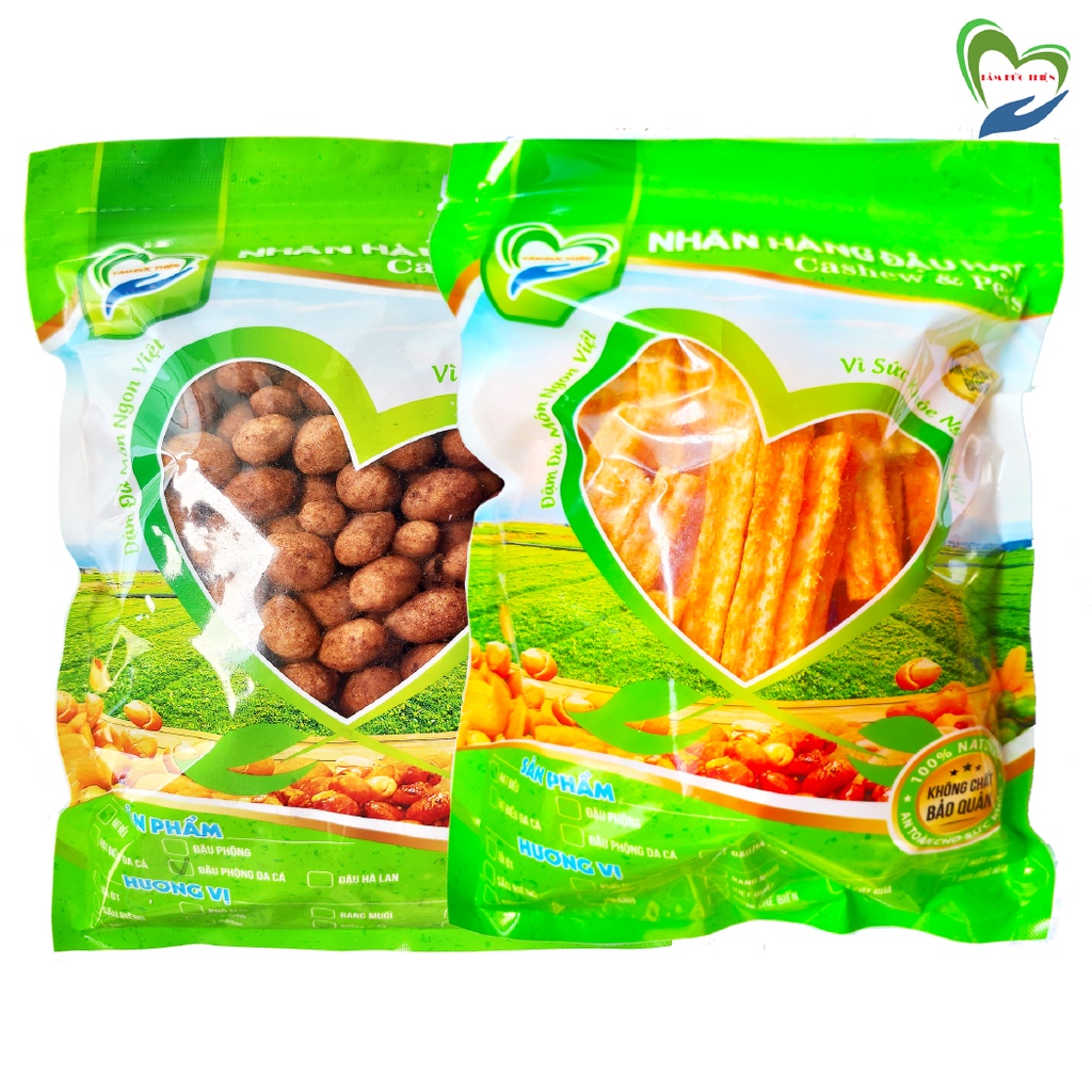 Combo 2 Túi: Đậu Phộng Da Cá Cacao 500GR và Túi Bánh Khoai Tây Phô Mai Que & Đậu Hà Lan 178GR Tâm Đức Thiện đồ ăn vặt