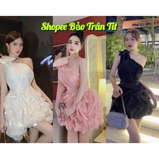 Đầm trắng voan lệch vai nơ xoè phồng