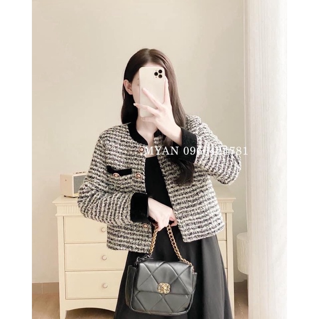 Áo khoác dạ tweed xám viền đen hàng QC