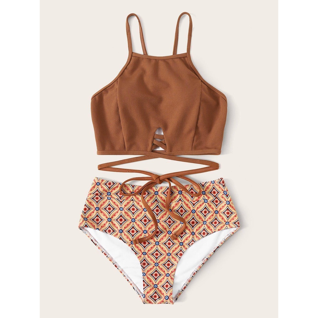 Sét áo tắm cổ yếm 2 mảnh đi biển phong cách Vintage BH01