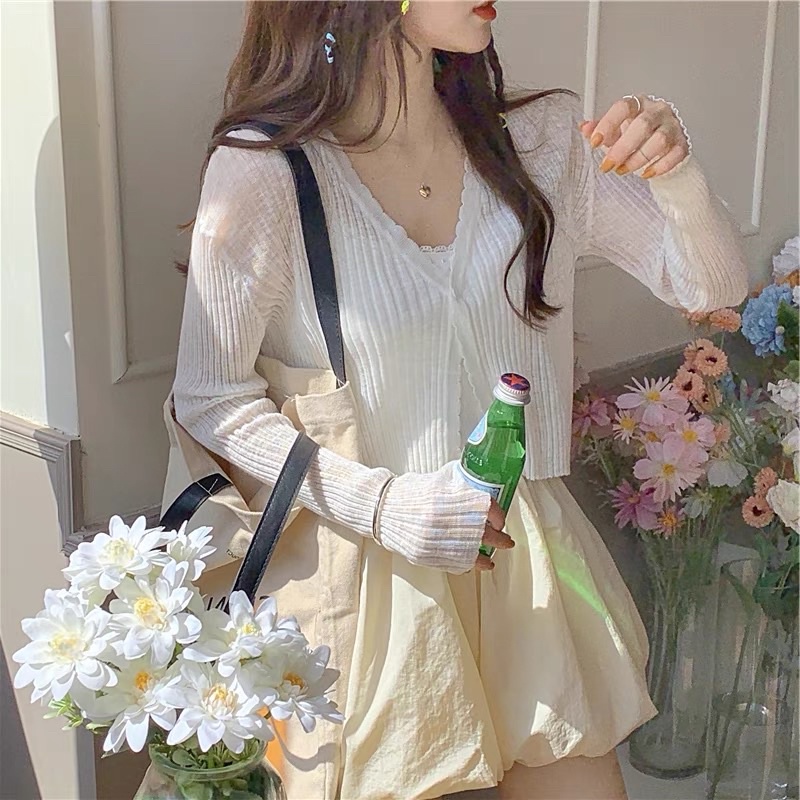 Áo Khoác Cardigan Mỏng Dáng Croptop Tiểu Thư Hàn Quốc Thích Hợp Phối Áo 2 Dây Áo Khoác Cổ Chữ V Chống Nắng Dành Cho Nữ