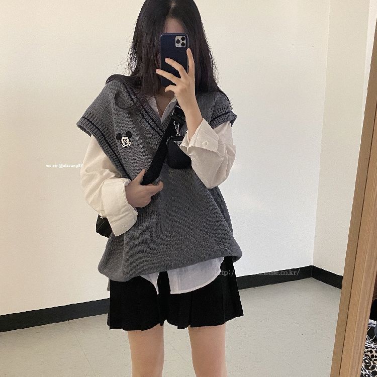 Áo Sweater Dệt Kim Không Tay Dáng Rộng Màu Sắc Đơn Giản Phong Cách Hàn Quốc