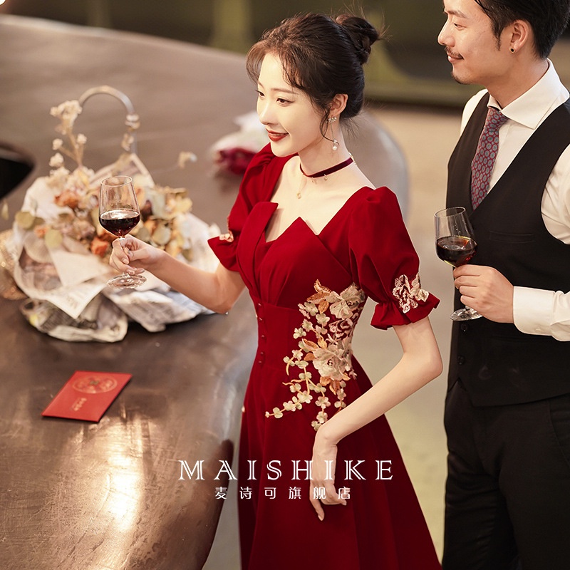 Đầm Midi Tay Dài Cổ Chữ V Eo Cao Phong Cách Trung Hoa Thời Trang Sang Trọng Cho Nữ Váy Cưới Đính Hôn Phong Cách Mới Dành Cho Cô Dâu