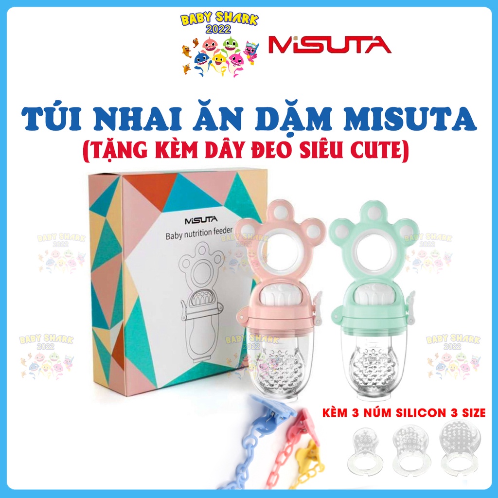 [Tặng dây đeo] Túi nhai ăn dặm cho bé MISUTA, núm nhai ăn trái cây, hoa quả chống hóc cho trẻ (Kèm 3 núm 3 size)