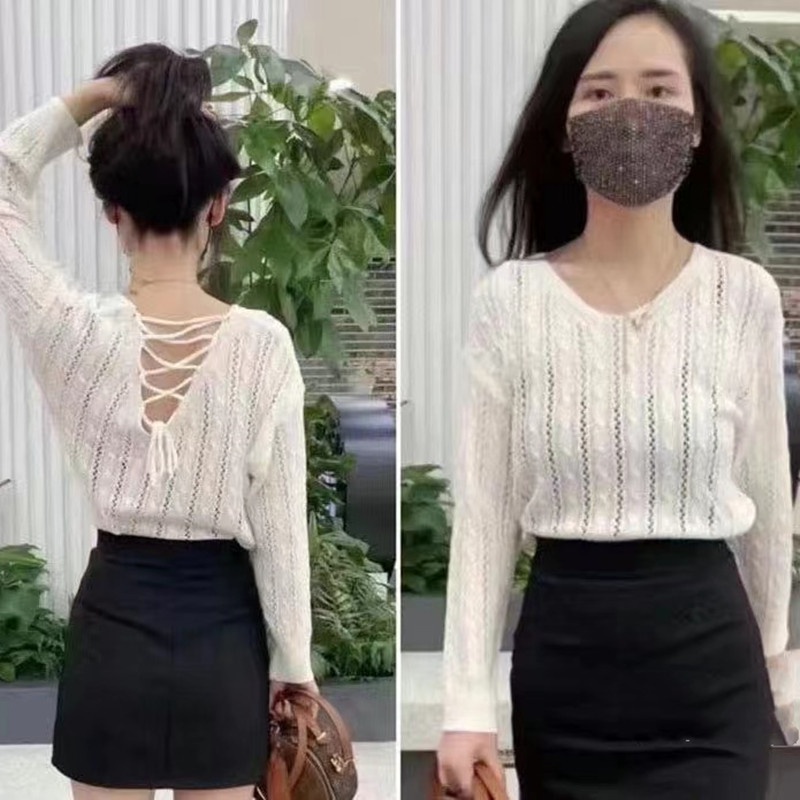 Linki ✦ Áo Thun Dệt Kim Mỏng Tay Dài Hở Lưng Thời Trang Cho Nữ