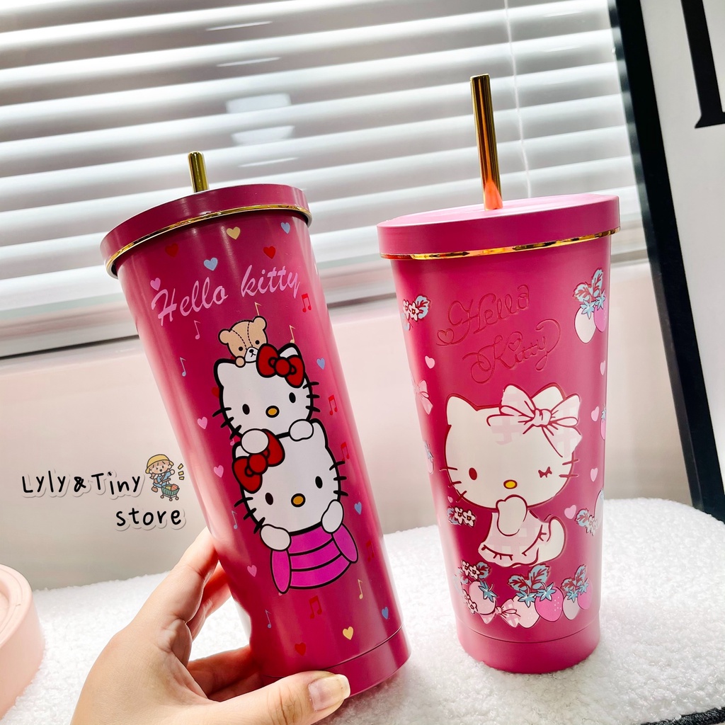 Ly giữ nhiệt inox 304 không gỉ viền vàng có ống hút và cọ rửa in họa tiết hoạt hình Sanrio cute