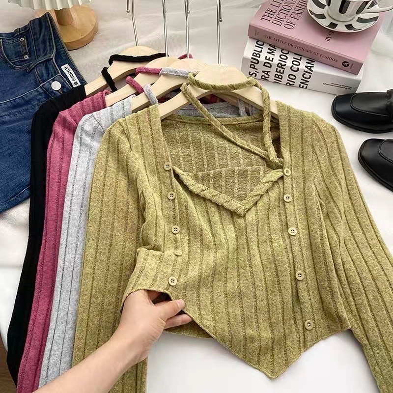 áo len dệt kim vạt yếm mix 2 hàng khuy màu muối tiêu (m5610#)