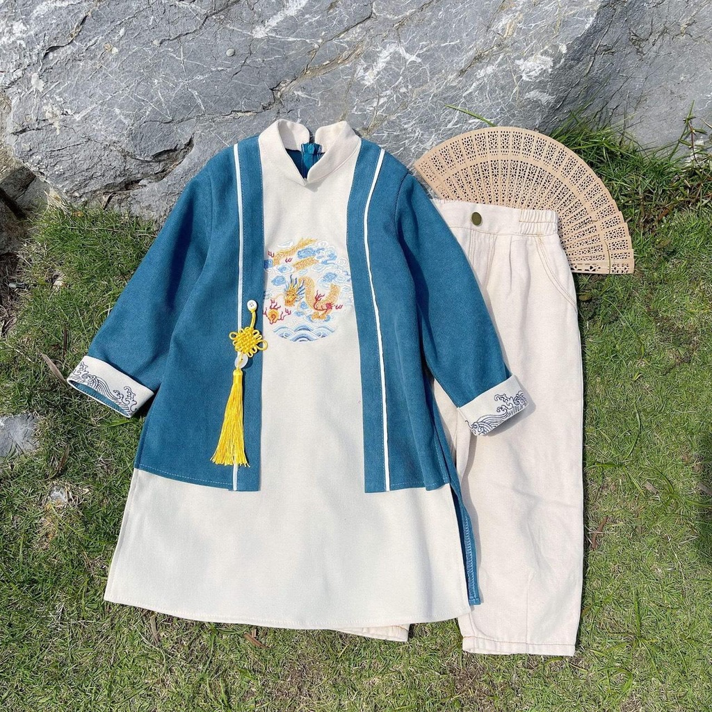 Áo dài Tết cách tân cho bé trai thêu rồng  size 1 2 3 4 5 6 - TD4154