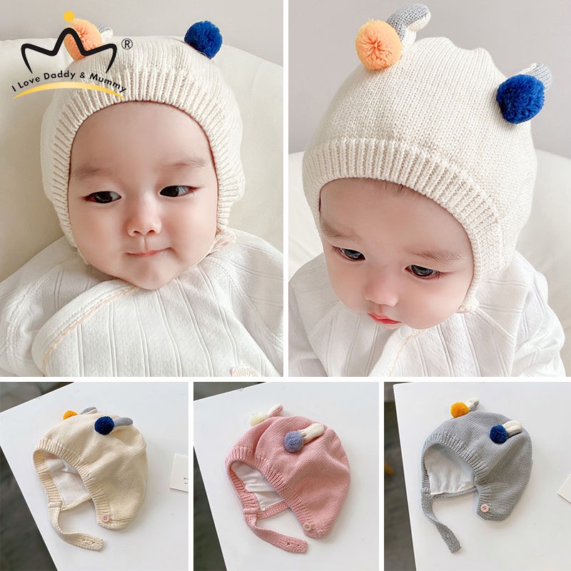 Mũ beanie Trùm Tai Giữ Ấm Đính Quả Bông Dễ Thương Cho Bé 0-12 Tháng Tuổi