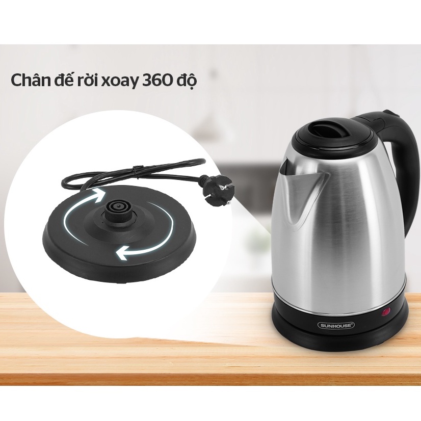 Ấm Đun Nước Siêu Tốc SunHouse - Bình Siêu Tốc Inox Chính Hãng 1.8L Bảo Hành 12 Tháng