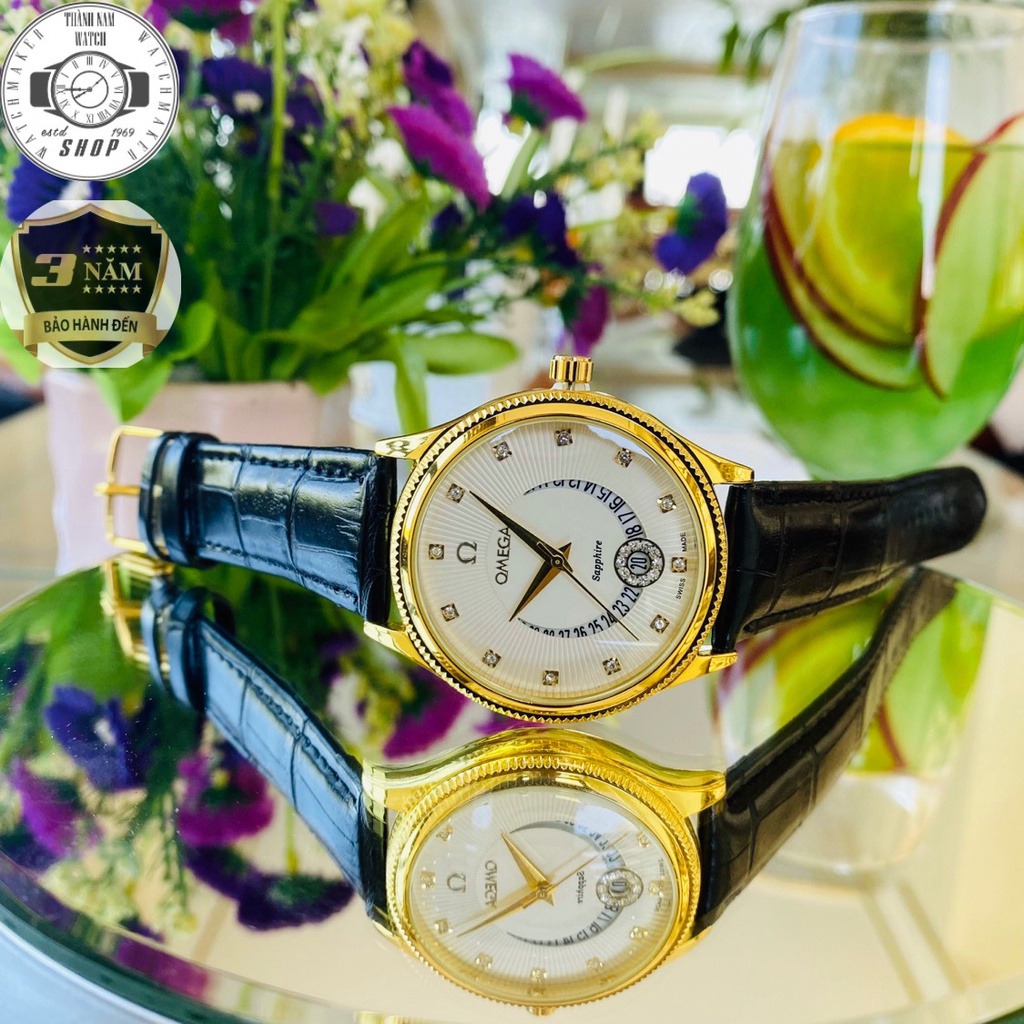 Đồng hồ Nam Omega mặt trăng khuyết,  Dây da cao cấp, Full hộp, Mặt Sapphire chống xước, chống nước thẻ bảo hành 36 tháng