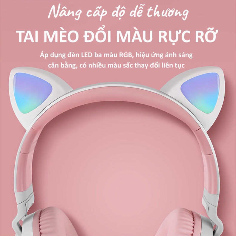 Tai Nghe Mèo Chụp Tai BT028C Không Dây Bluetooth 5.0 Siêu Dễ Thương Headphone Có Micro Đàm Thoại Đèn Led Ở Tai 7 Màu