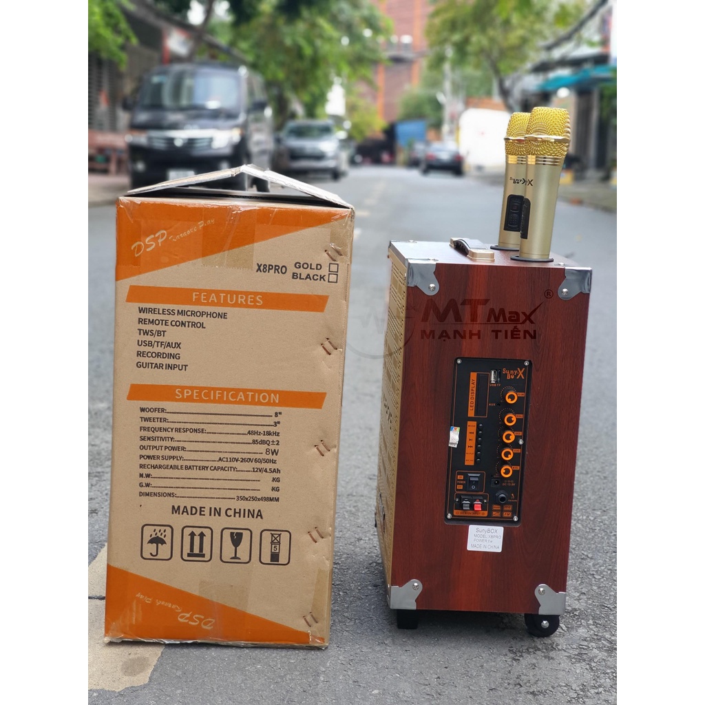 Loa kéo karaoke di động SUNYBOX X8 Pro,bass 20cm siêu trầm tặng kèm thêm 2 Micro không dây. Bảo hành 12 tháng