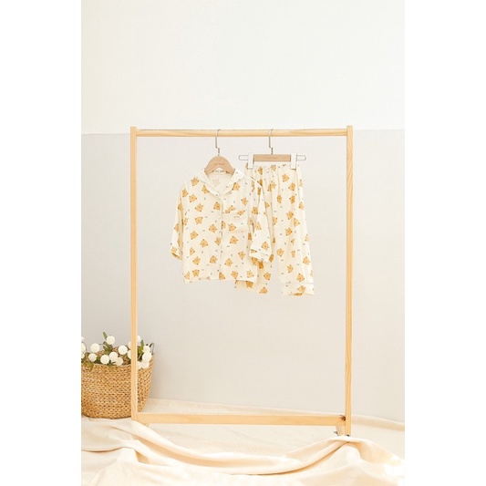 Bộ đồ ngủ mặc nhà cho bé  MOMOJAMA bộ pijama dài tay quần dài chất thô gingham đồ bộ mặc nhà thanh lịch cho bé