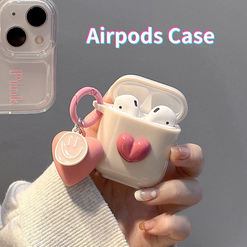 Vỏ Bảo Vệ Hộp Sạc Tai nghe không dây Airpods 1 / 2 / 3 / pro Mặt Dây Chuyền Trái Tim 3D Màu Hồng Chống Trầy Xước