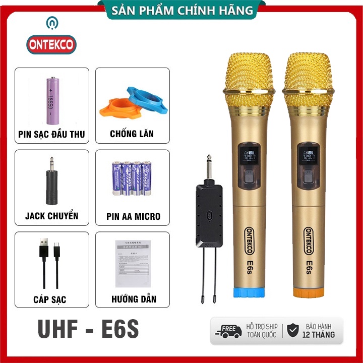 Bộ 2 MICRO KHÔNG DÂY KARAOKE ONTEKCO E6S/ E6 - Chuyên Dụng cho Loa kéo, Amply - BH 12 tháng chính hãng