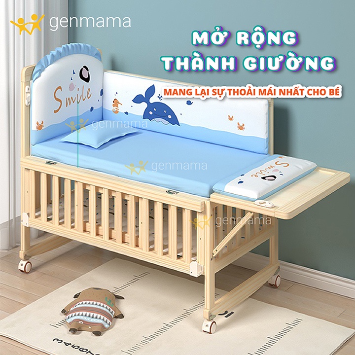 Nôi Cũi Cho Bé Trọn Bộ , Giường nôi cho trẻ em đa năng 6 chế độ GENMAMA Gỗ Thông
