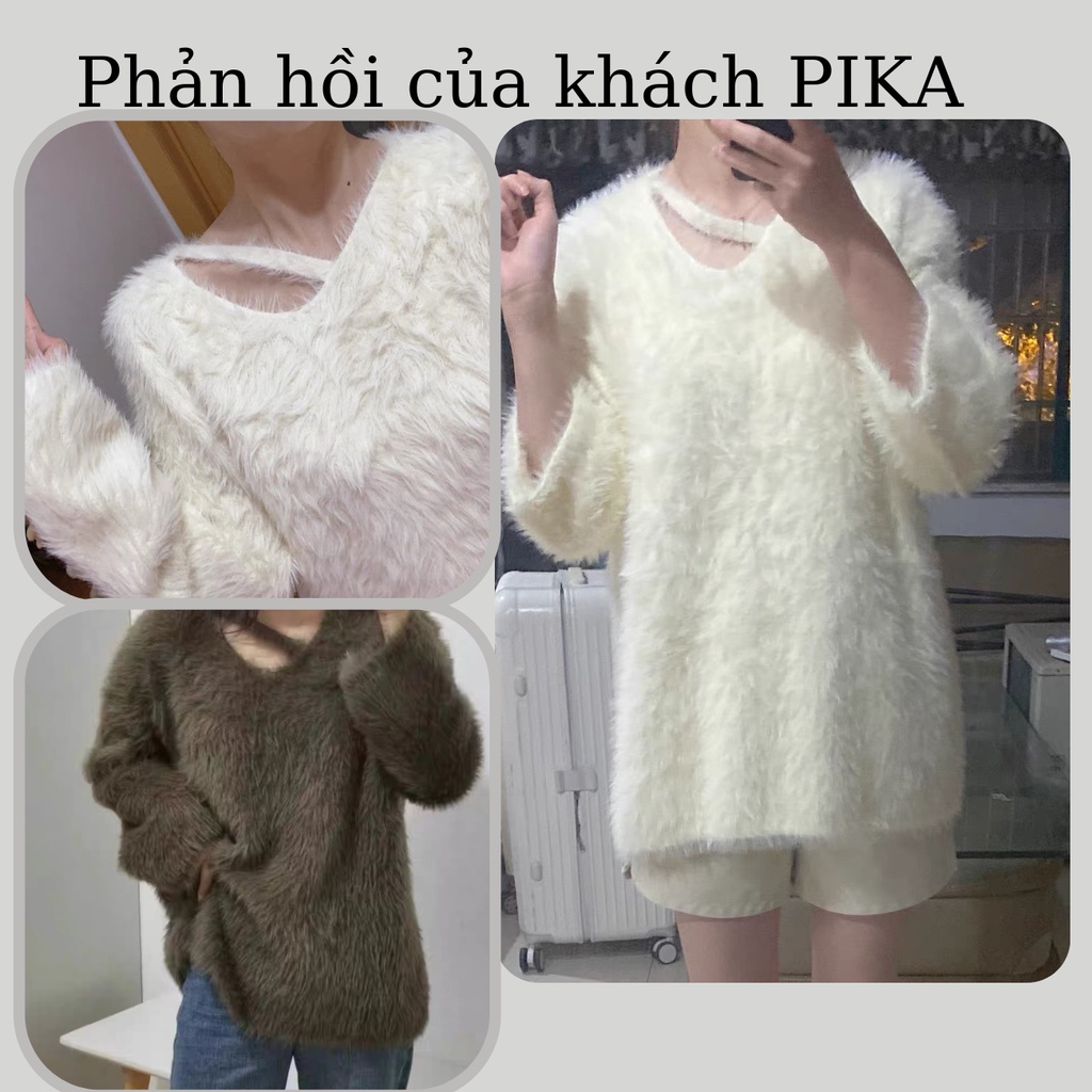 Áo len lông thỏ dáng dấu quần PIKA.CLOTHINGG lệch vai, Váy len lông thỏ hàn quốc màu trắng rêu hàng quảng châu