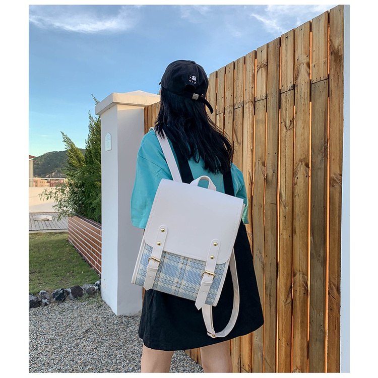 Balo Da Pu Đi Học Cho Nữ Màu Đen Trắng Xanh Phong Cách Vintage Hàn Quốc Cặp Sách Da Kẻ Hình Hộp Chữ Nhật Tiểu Thư Xinh