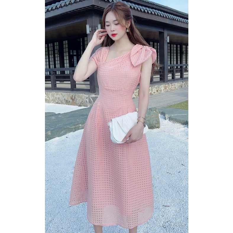 Váy đầm nữ tiểu thư dáng xòe dài thiết kế nơ vai ( có mút ) tạo điểm nhấn nổi bật phù hợp cho nàng đi chơi và dự tiệc DX