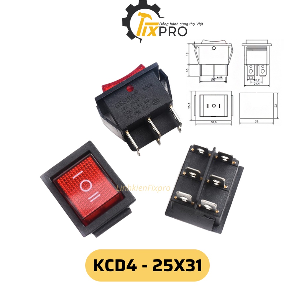 Công tắc bập bênh KCD4 16A 250V 31x25mm 6 chân 3 chế độ có đèn