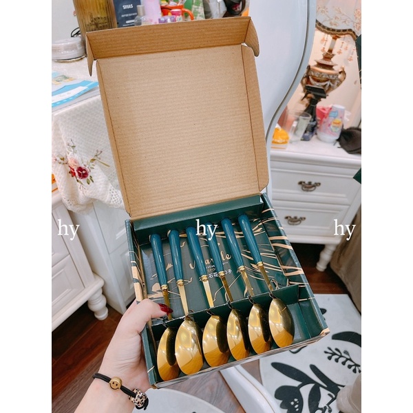 Bộ 6 Thìa Mạ Vàng Cán Xanh Lam Vân Đá Phong Cách Bắc Âu