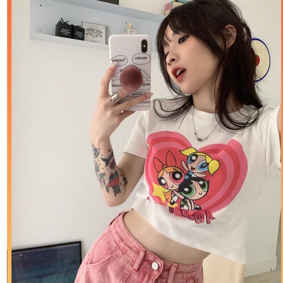 ÁO THUN CROPTOP (BABY TEE) TRÁI TIM 3 CÔ GÁI 2 MÀU TRẮNG, XANH BIỂN CÓ FREESIZE