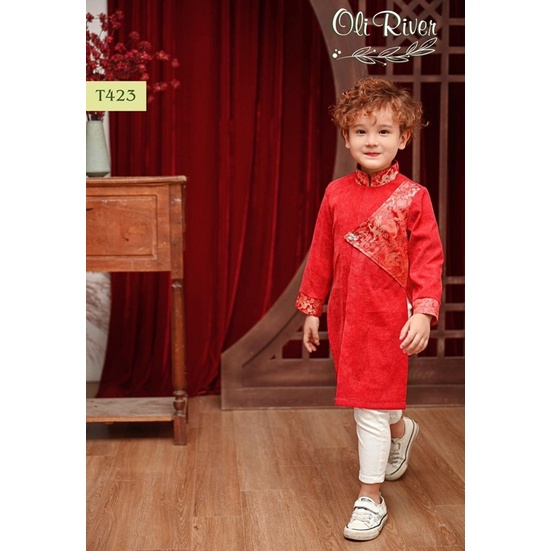 Áo dài bé trai nhung tăm phối gấm đỏ Oli River 1Y-10Y