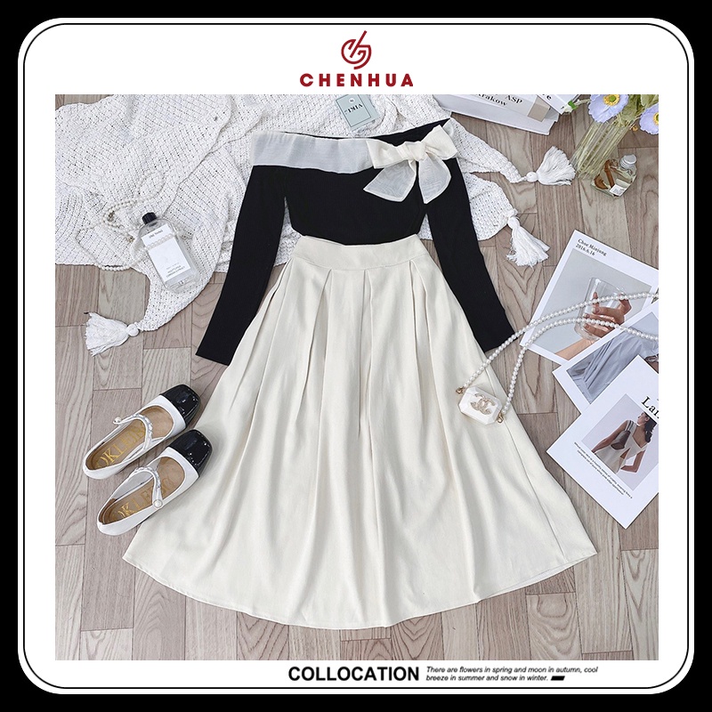 Set tiểu thư áo len tăm nơ vai mix chân váy midi xếp ly dáng dài  VN09