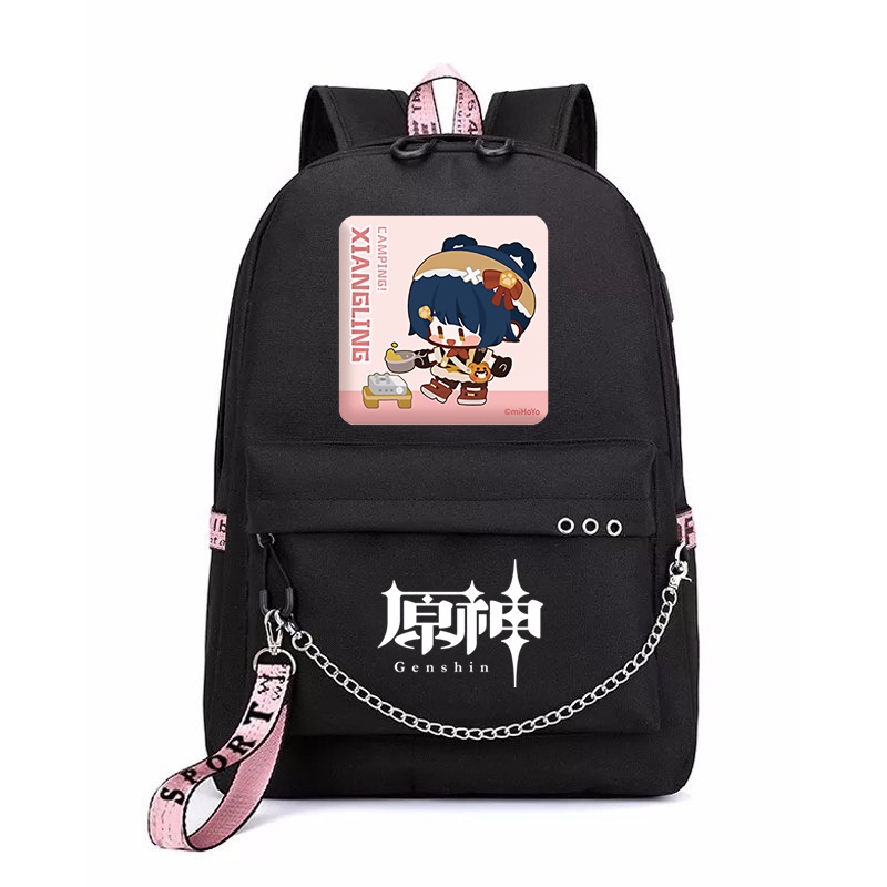 Balo thông minh đen in hình GENSHIN IMPACT ver CẮM TRẠI game anime chibi dễ thương cặp sách đi học