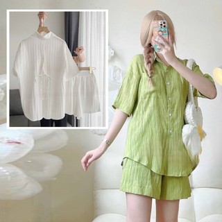 Sét bộ áo sơ mi dây buộc lưng quần short, sq029 set quần đùi áo somi cộc tay dáng thụng vải đũi gân anyashop234