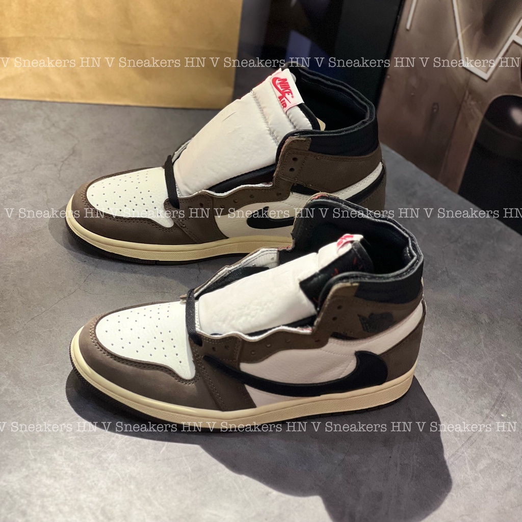 Giày Sneaker Air Jordan 1 High Travis Scott - Phiên bản Xịn Màu Mocha Xanh Rêu Da Bò