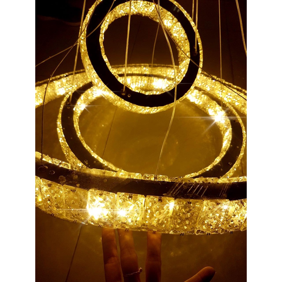 Đèn thả thông tầng 5 vòng pha lê bản to có 3 chế độ ánh sáng,Đèn thả cho trần nhà cao có dây rút tùy chỉnh