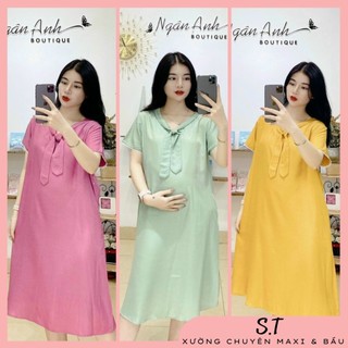 Đầm bầu xinh đính nơ chất liệu Lụa mịn thoáng mát