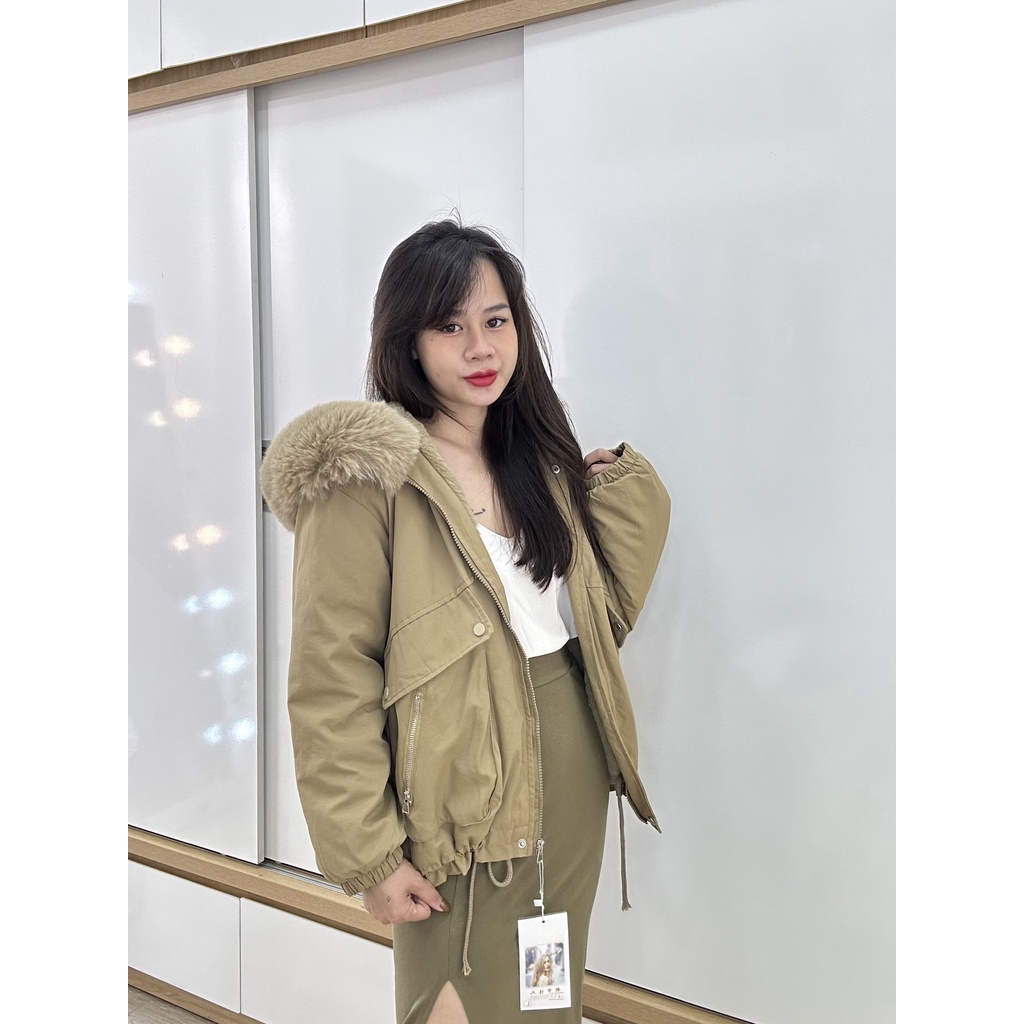 Áo khoác Parka Kaki dáng ngắn lót lông điểm nhấn khoá kéo nắp túi hộp trẻ trung dáng mới phong cách Hàn Quốc 2023 1831 I