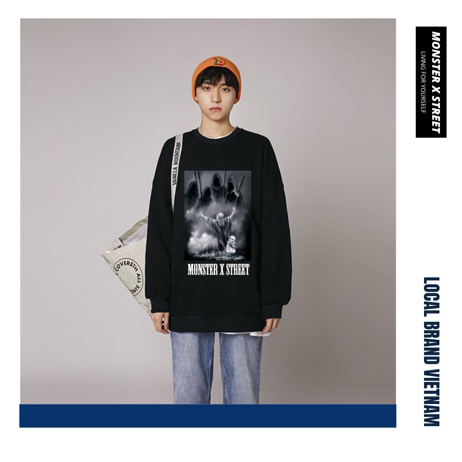 Áo dài tay trơn NỈ BÔNG Unisex Monster X Street Skull Sweater Ulzzang cặp đôi nam nữ form rộng oversize Hàn Quốc