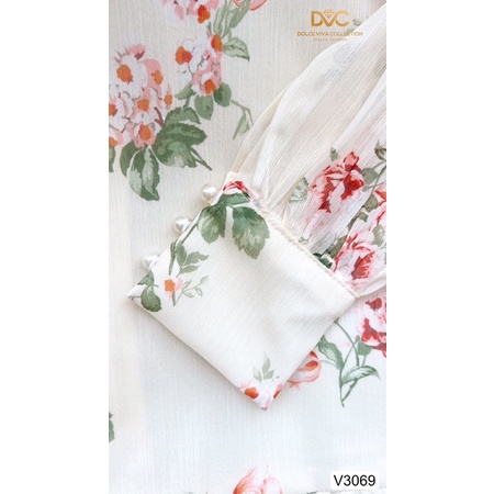 V3069 váy voan xoè hoa màu be dài tay