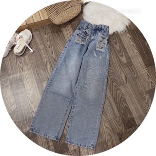 Quần jeans suông túi rách kiểu cạp cao phom dài dáng basic