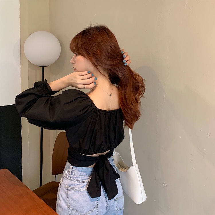 Áo Croptop áo sơ mi nữ tay áo dài Cổ Vuông Tay Phồng Thắt Nơ Lưng Phong Cách Hàn Quốc Thời Trang Cho Nữ
