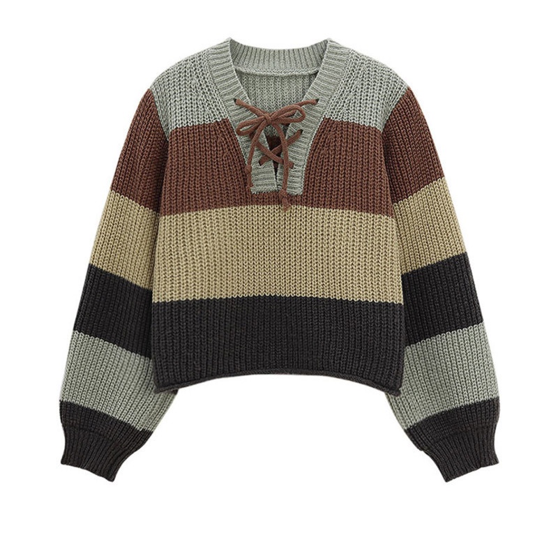 Áo Sweater Tay Dài Kẻ Sọc Màu Sắc Tương Phản Phong Cách Hàn Quốc