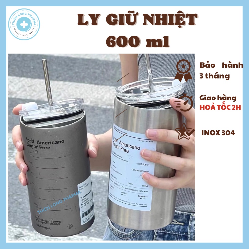 Ly giữ nhiệt Iced Americano 600ML, Cốc uống Coffee bằng inox 304,có ống hút tiện lợi kiểu dáng Hàn Quốc